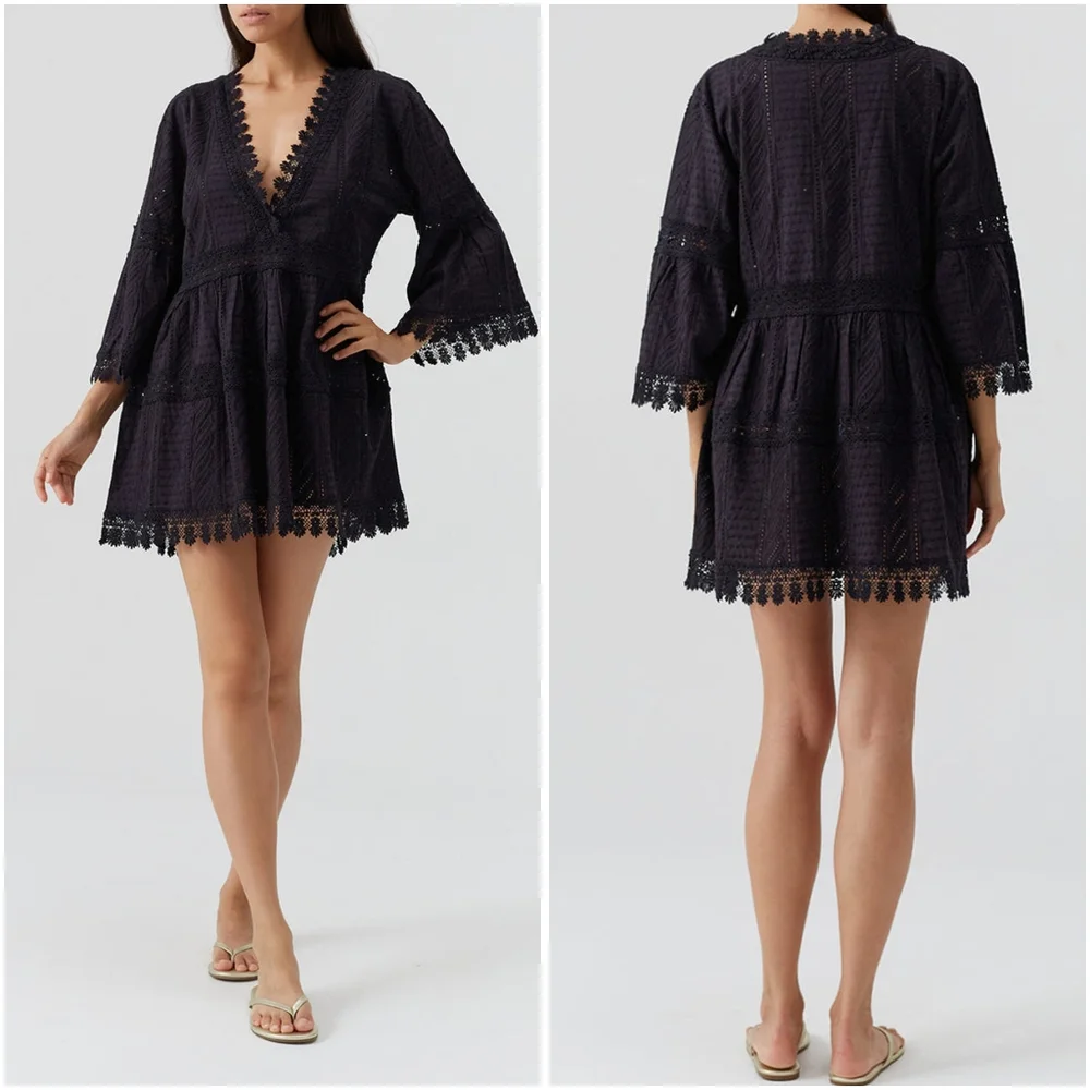 Melissa Odabash Victoria Broderie Anglaise Tiered Mini Dress Black Medium - Picture 3 of 12